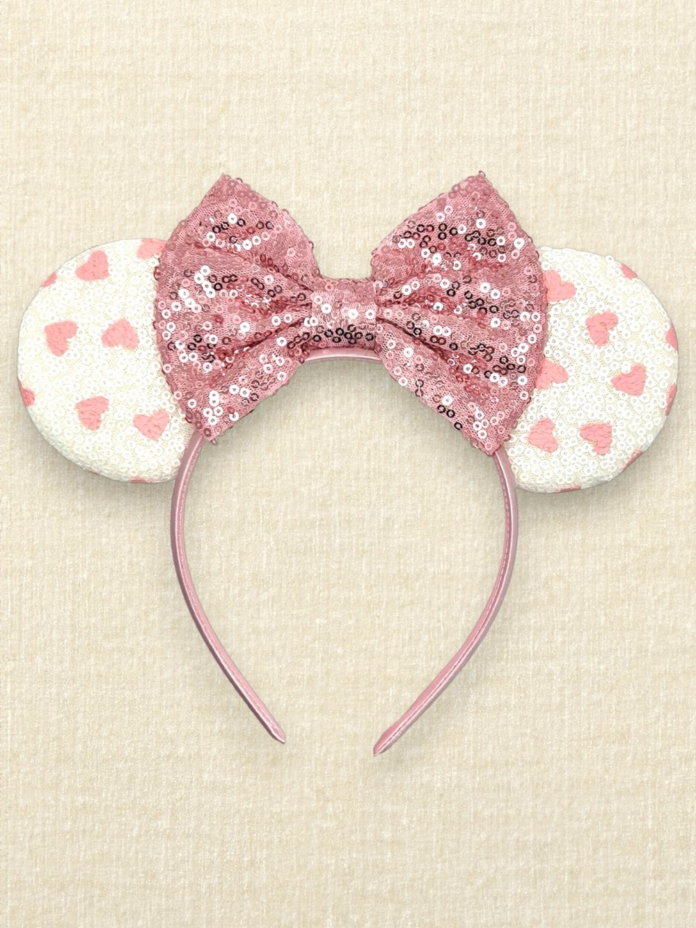 White Sequin Pink Hearts Minnie Ears – Rose Bow | Disney-Inspired Mouse Ears